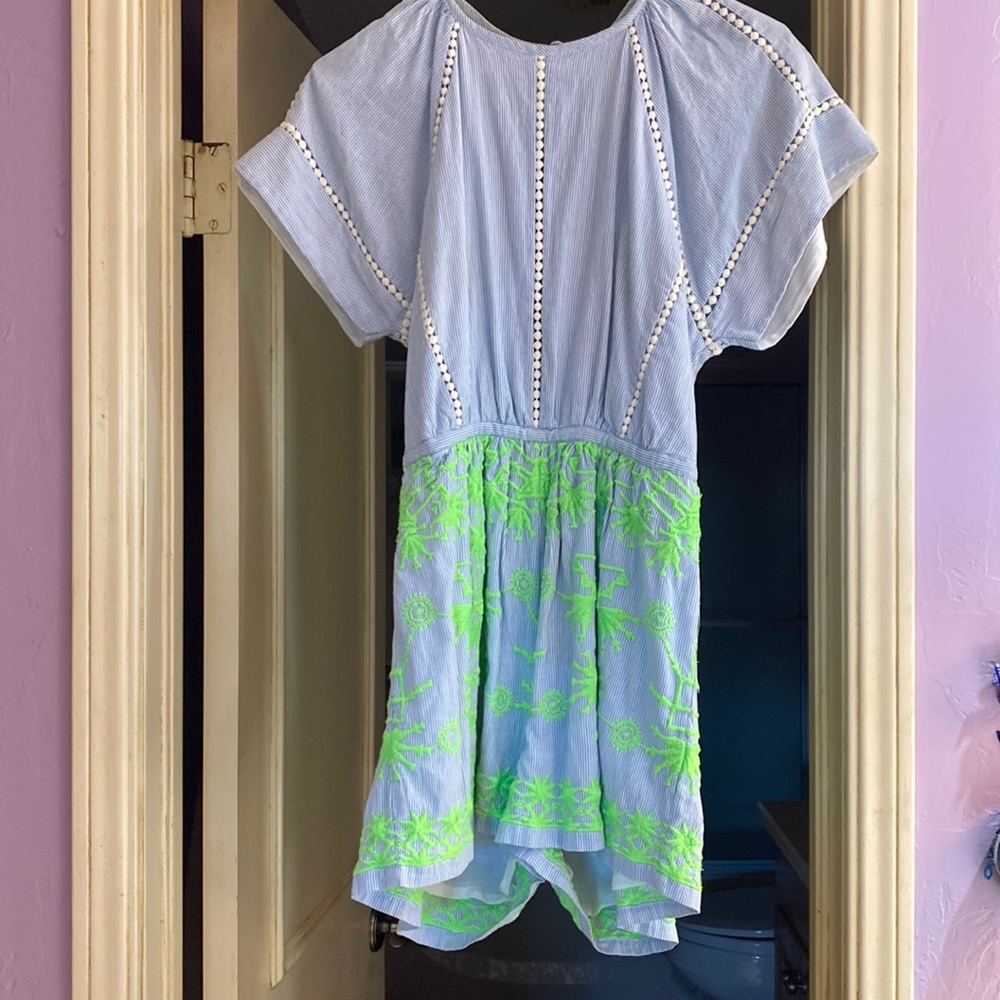 Linen romper with lime green embroidery